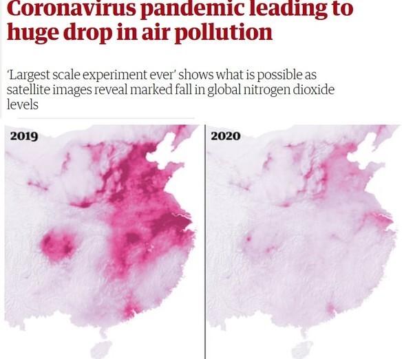 유럽우주기구(ESA)의 센티넬-5R 인공위성이 지난해와 올해 찍은 중국 대륙의 모습에서 이산화질소 농도(붉은색 부분)가 지난해에 비해 현저히 낮아졌음을 알 수 있다.(가디언지)