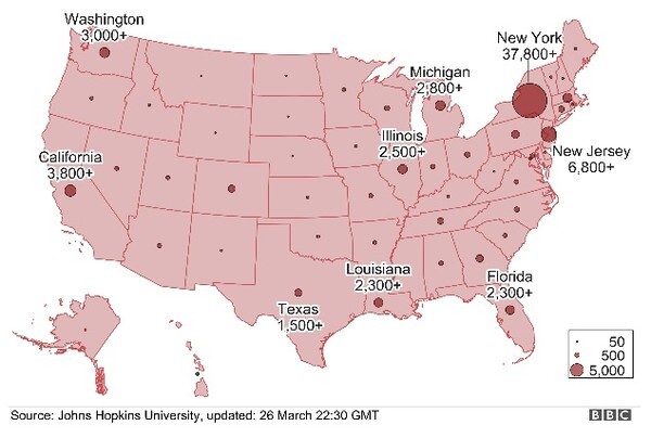미국내 코로나19 확진자 발생 현황.(BBC방송 홈페이지)