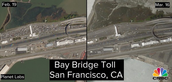 샌프란시스코 베이브리지 톨게이트를 찍은 2월19일(왼쪽)과 3월16일 모습.(플래닛랩사 촬용, CNBC)