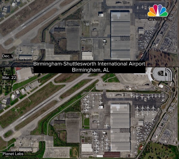 버밍험-셔틀워스국제공항의 지난해 12월1일(위)과 올 3월22일 모습.(플래닛랩사 촬영, CNBC)