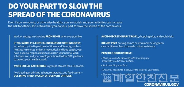 미국 백악관이 홈페이지에 올린 사회적 거리두기 당부사항.(백악관 홈페이지)