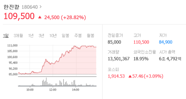 한진칼 일일 주가변동크래프(사진, 네이버 증권정보 캪쳐)