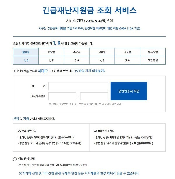 오늘부터 긴급재난지원금 조회 신청 모두 5부제가 적용된다.(사진=긴급재난지원금 조회 서비스 홈페이지)
