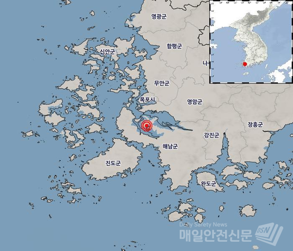 [해남지진]3일 오후 10시7분 규모 3.1의 지진이 발생한 전남 해남 지역.(기상청 날씨누리)