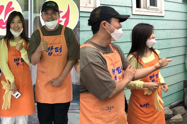 전현무와 이혜성 아나운서의 결혼설이 제기된 가운데 사실이 아니라고 부인했다. 사진은 전현무와 이혜성 아나운서가 지난 6일 코로나19 로 어려움을 겪는 취약계층을 위한 봉사활동하는 모습(국제 NGO 다일공동체 SNS 캡처)