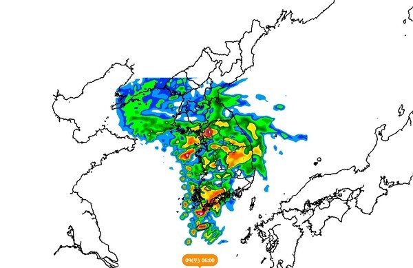 [주말날씨] 9일 오전 6시 강수 전망(기상청 날씨누리)