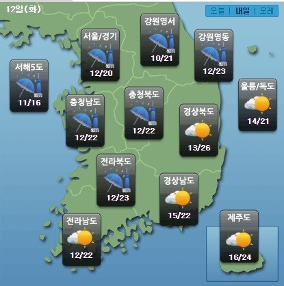 [내일날씨]12일 전국의 예상 날씨.(케이웨더)