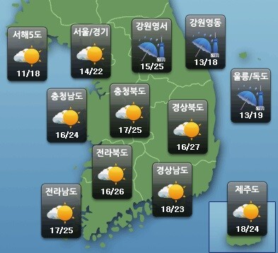 [내일날씨]16일 전국의 예상 날씨(케이웨더 홈페이지)