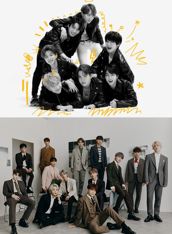 방탄소년단 소속사 빅히트가 세븐틴, 뉴이스트 소속사 플레디스 인수 합병설에 대해 '결정된 바 없다'고 공식입장을 밝혔다.(사진=방탄소년단(위) 빅히트 제공, 세븐틴(아래) 플레디스 제공)