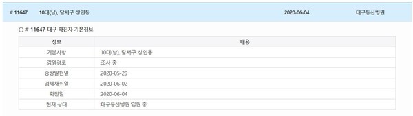 대구시가 달서구 10대 중학생 코로나19 확진자의 이동동선을 공개했다.(사진=대구시 홈페이지)