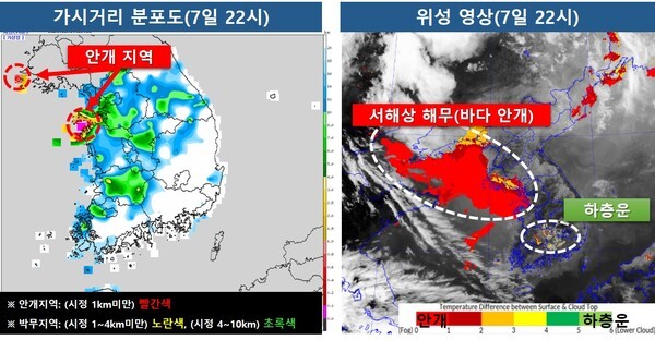 [오늘 현재 날씨] 7일 밤 10시 현재 가시거리 분포도 및 위성 영상. /기상청 날씨누리