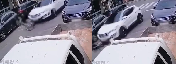 경주 경찰서가 '경주 스쿨존 사고' 가해 운전자에게 특수상해 혐의를 적용하여 구속영장을 신청했다.(사진=피해 어린이 가족 측이 공개한 CCTV영상 캡처)