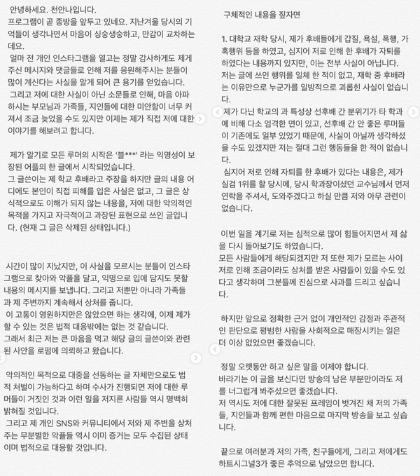 천안나가 학교 폭력 의혹을 부인했다.(사진=천안나 SNS)