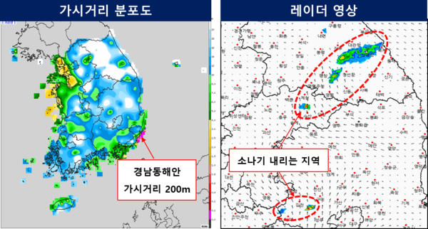 8일 오후 9시40분 현재 전국의 가시거리 분포도(왼쪽)와 소나기 상황을 보여주는 레이더 영상. /기상청 제공