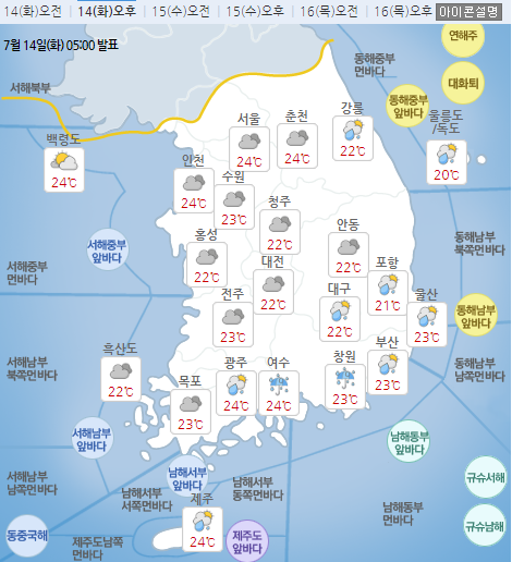[오늘날씨]14일 오늘 오후 전국의 예상 날씨. /기상청 날씨누리