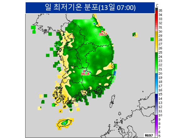 초록색은 최저기온이 20도, 노란색은 25도 이상임을 보여준다. /기상청 날씨누리