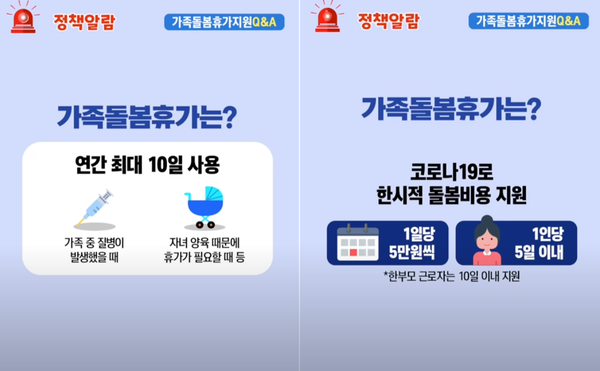 코로나19 재확산으로 인해 가족돌봄비용 긴급지원을 2학기 개학 이후 9월 30일까지 연장한다.(사진=고용노동부 유튜브 채널 영상 캡처)