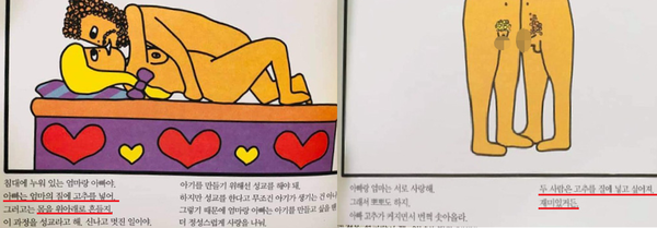"아빠는 엄마의 질에 고추를 넣어 몸을 위아래로 흔들어", "두사람은 고추를 질에 넣고 싶어져, 재미있거든"-적색부분 (사진, 책 일부 그림 묘사)