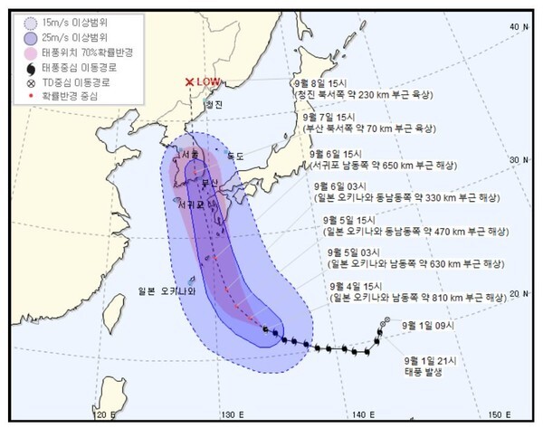 제10호 태풍 '하이선'은 기상청 예보를 보면 한반도를 관통하고 있다.(사진, 기상청 자료)