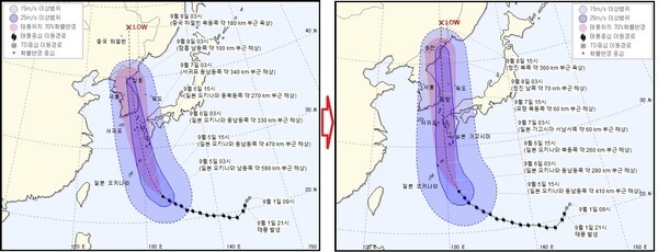 태풍 하이선의 예상진로보다 오후 4시 발표한 예상진로가 조금 오른쪽으로 바뀌었다. 애초 영남과 강원도를 따라 올라갈 것으로 보인 태풍은 동해안을 따라 북상할 것으로 보인다. 울릉도와 독도가 태풍의 반경에 들게 됐다. /기상청