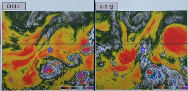 9호 태풍 마이삭과 10호 태풍 하이선의 비교한 기상위성 영상으로 붉은색 영역이 건조하고 찬 공기를 나타낸다. 마이삭은 찬공기가 태풍의 왼쪽 아래에 치우쳐 있어 우리나라(파란색 별 표시 지점)로 상륙하는 진로에 영향을 미치지 못하지만 하이선 왼쪽에 있는 찬 기압은 태풍을 오른쪽으로 밀어내고 있다. /기상청