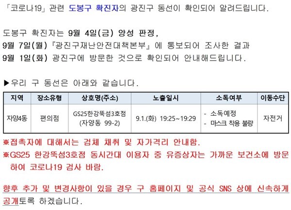 한강 뚝섬 편의점에 코로나19 확진자가 다녀갔다.(사진=광진구 홈페이지 캡처)
