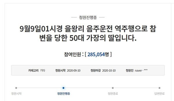 을왕리 음주운전 사고 국민청원 글(사진=청와대 홈페이지 국민청원 게시판 캡처)