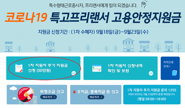 긴급고용안정지원금 창을 클릭한 후 '1차 지원자 추가 지원금 신청(50만원)인 적색원 부분을 클릭한다.