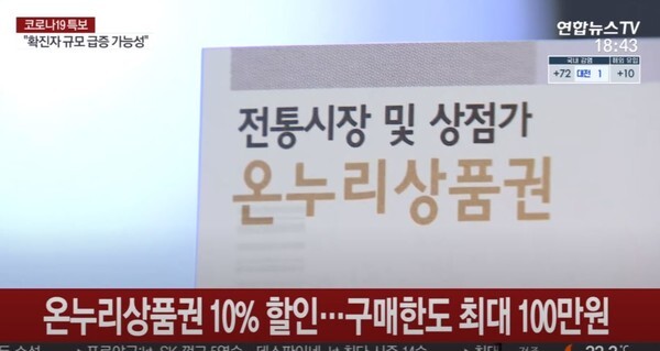 정부가 21일부터 온누리상품권을 10% 할인된 가격으로 판매한다.(사진=연합뉴스TV 캡처)