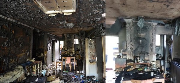 화재로 인해서 아파트 내부가 전부 불에 탄 모습이다.