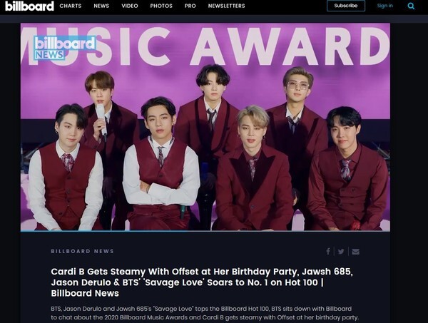 방탄소년단(BTS)이 빌보드 차트 '핫 100' 1위, 2위를 동시 석권하며 한국 대중음악 역사를 다시 썼다.(사진=빌보드 홈페이지 캡처)