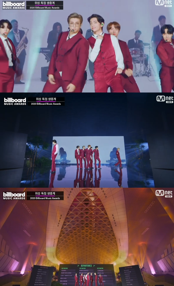 2020 빌보드 뮤직 어워드에서 수상의 영광을 안은 방탄소년단이 '다이너마이트' 무대를 선보였다.(사진=Mnet 생중계 영상 캡처)