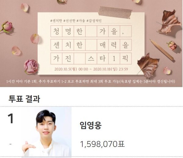 임영웅이 센치한 매력을 가진 스타 1위로 꼽혔다.(사진=마이원픽 홈페이지 캡처)