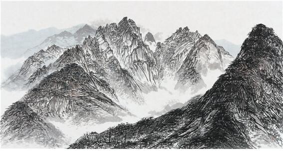 박도진 작가의 '의상봉 너머로 보이는 삼각산' 125×67cm 한지에 수묵담채 2020.