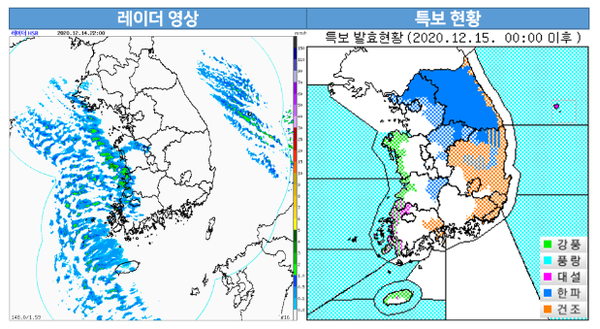 날씨 레이더 영샹 및 특보 현황(사진, 기상청)