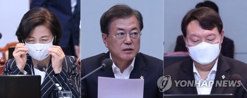 6월 22일 청와대에서 열린 제6차 공정사회 반부패정책협의회에 참석한 문 대통령과 추 장관(왼쪽), 윤 총장(오른쪽)의 모습.  /연합뉴스