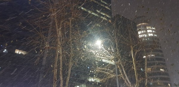 강남역과 뱅뱅사거리 사이 강남대로 모습, 17일 오후 9시부터 함박눈이 내리기 시작했다.(사진,. 김혜연 기자)