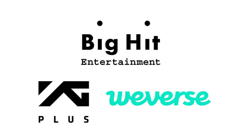 상단 '빅히트', 하단 좌측 'YG플러스', 하단 우측 빅히트의 자회사 '위버스' (사진=각 회사의 로고)