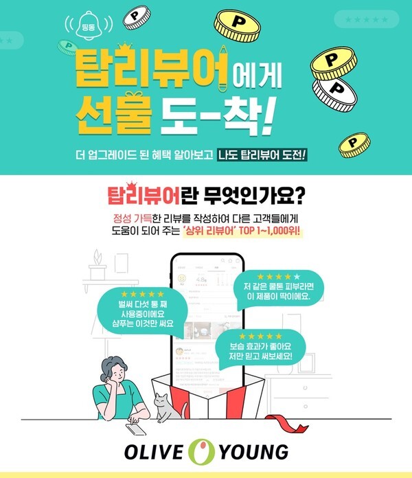 CJ올리브영이 리워드 제도 '탑리뷰어'의 혜택을 대폭 강화한다. (사진=올리브영 제공)