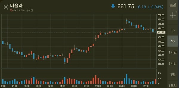테슬라주가 30분봉 차트