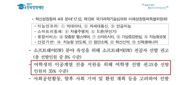 이공계 장학금에서 여학생 비율을 35%로 선발할 것을 권고한 한국장학재단의 업무처리기준.  