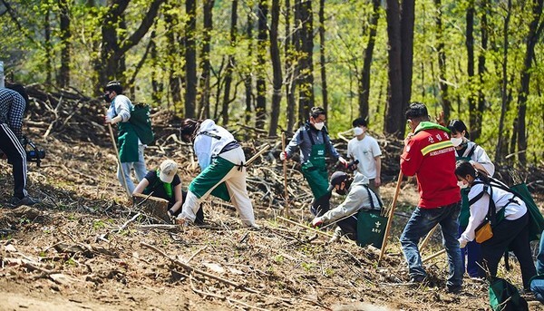 한화 태양의 숲 8호 조성을 위해 참가자들이 아까시나무 묘목을 심고 있다.(사진=한화그룹 제공)