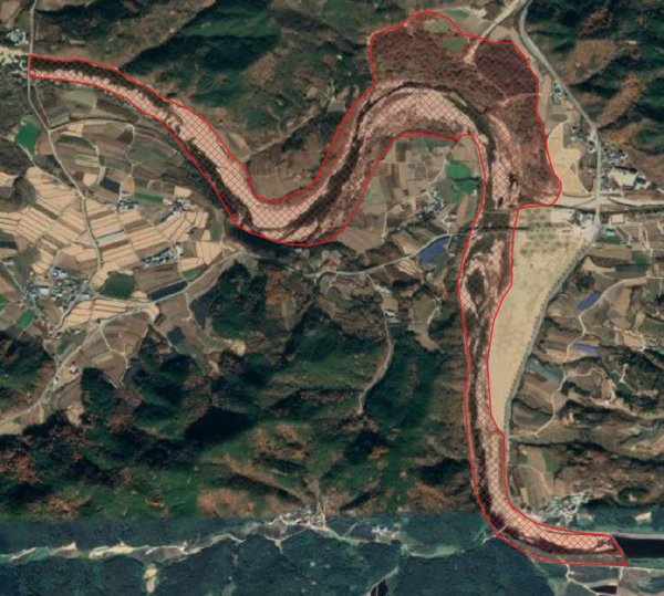 송강습지 조사 범위 (하천 중상류 지역의 사행(굽이치는 물결)하는 구간에 발달한 하천형 습지) [사진 환경부 제공]