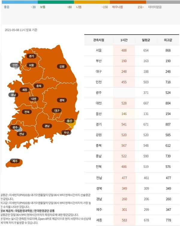 전국 미세먼지 현황. /국립환경과학원