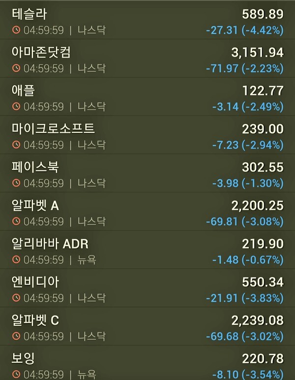 주요 기술주(테슬라,애플,아마존,알파벳C)가 하락을 주도해 서학개미들의 우려를 낳고 있다