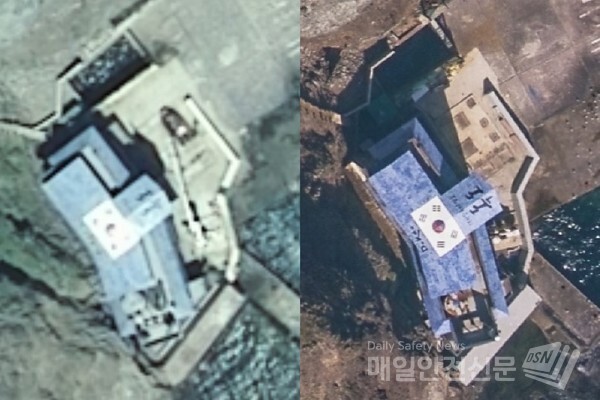 (좌측)기존 독도 항공사진 (우측)고해상도 독도 항공사진, 보다 선명해진 독도 글귀와 태극기를 볼 수 있다. (사진, 국토지리정보원 지리정보과 제공)