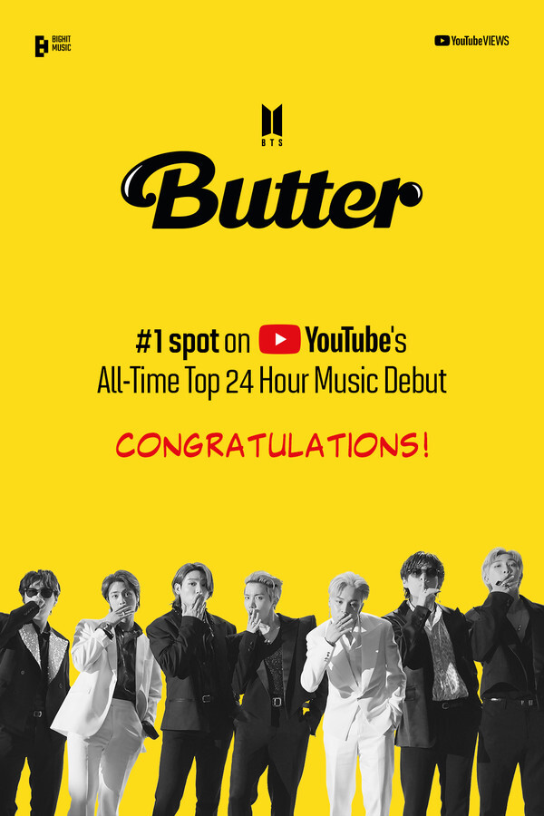 방탄소년단의 ‘Butter’ 뮤직비디오가 전 세계 유튜브 24시간 최다 조회수를 기록했다./빅히트 뮤직 제공